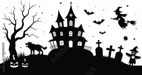 Black silhouette of Halloween haunted house with spooky elements, cemetery with tombstones and witch on broomstick, werewolf and scary pumpkins landscape