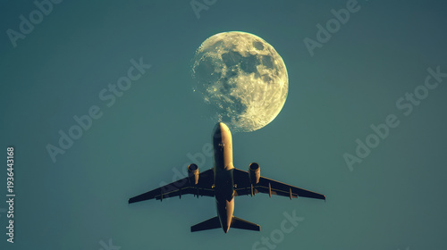 Large passenger plane flies in cloudless blue sky against the backdrop of pale daytime moon.