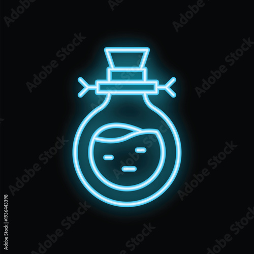 Blue neon icon of a glass potion bottle with a cork, glowing on a dark background