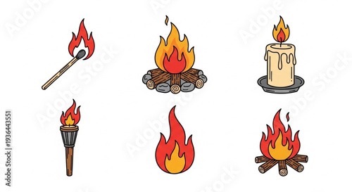 Fire Flame Cartoon Icons Set.