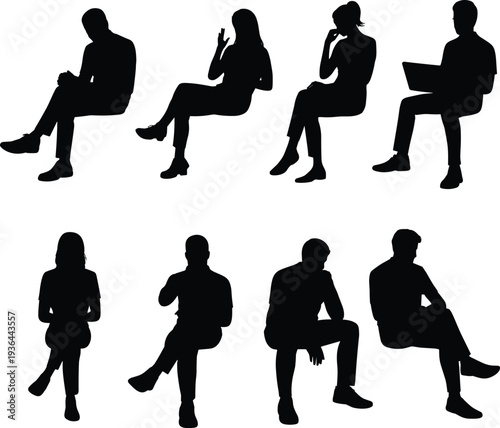 People sitting silhouette set men and women seated poses working reading thinking black vector illustration isolated on white background