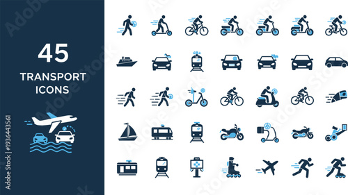 Set of Transport Icons Featuring Cars, Bicycles, Airplanes, Boats, and Other Modes of Transportation for Travel and Logistics Designs