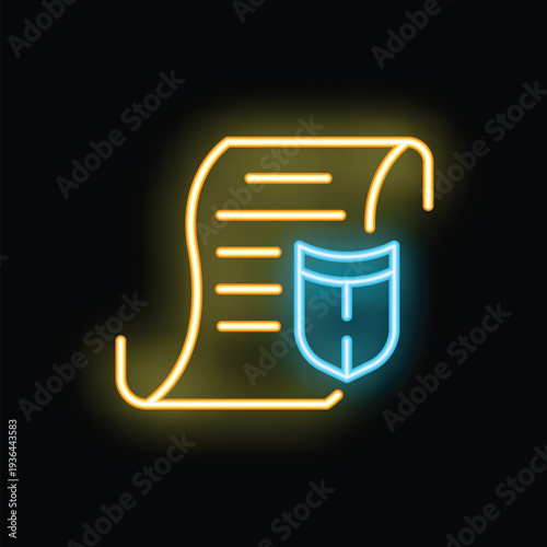Glowing neon icon of a document with a shield, representing the concept of data protection