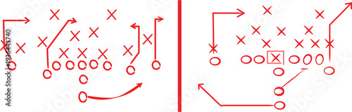 Detailed red line football play diagrams illustrating offensive and defensive strategies on a clean white background for coaching.