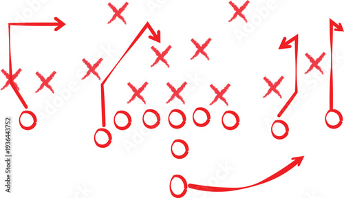 Hand drawn red diagram illustrates a complex American football offensive play strategy using circles and x marks symbols.