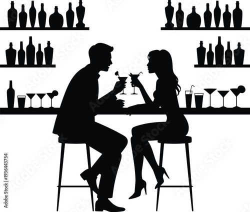 Black silhouette of romantic couple drinking cocktails at bar counter, man and woman on date in nightlife lounge setting