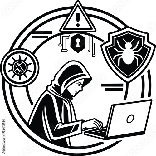 Hacker with Laptop and Cybersecurity Icons Vector Illustration