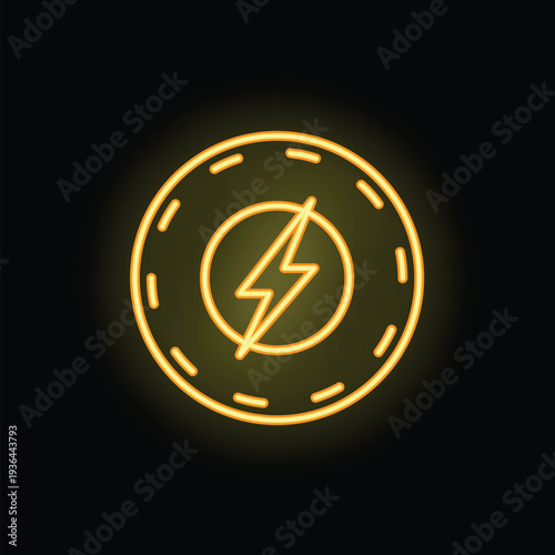 Neon yellow electric coin glowing on a black background, representing the concept of cryptocurrency and blockchain technology