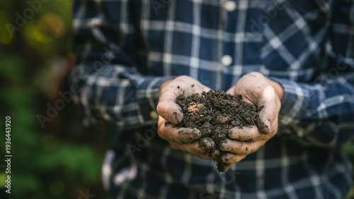 Close-up of dirty hands holding rich soil outdoors, person in plaid shirt, shallow depth of field, natural light, gardening and sustainability concept.