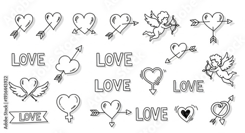 Hand Drawn Love Heart Symbols Collection.