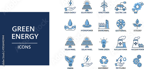 Set of Green Energy Icons Featuring Solar, Wind, Hydro, and Electric Power for Renewable Energy and Environmental Projects