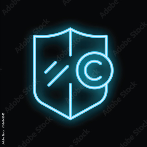 Neon blue shield is protecting a copyright symbol on a black background