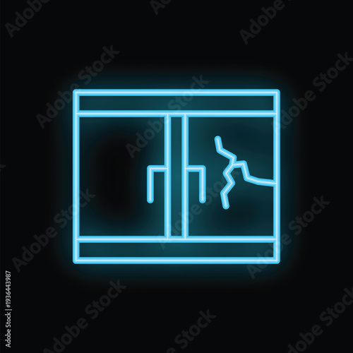 Blue glowing neon line broken window icon isolated on black background