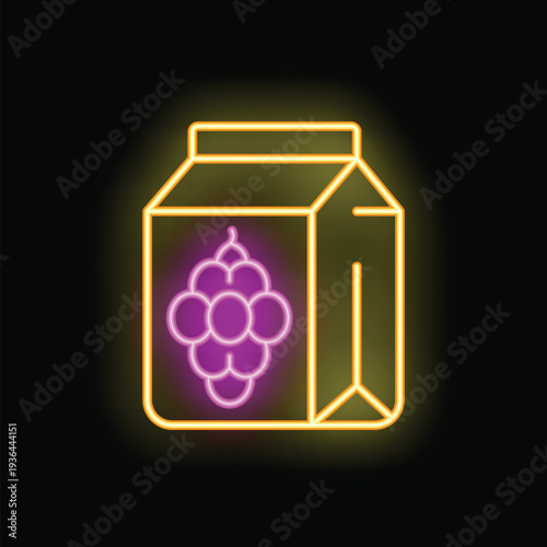 Glowing neon line juice or milk carton box with bunch of grapes icon isolated on black background. Vector illustration