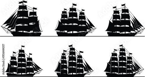 Sailing ship silhouettes collection, vintage tall ships with sails maritime transport vector illustration set isolated on white background