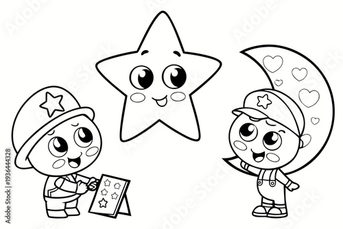 chibi feeling friends happy heart, giggling star, shy moon, cute emotion characters for kids coloring page, bold outlines, no shading, white background, simple vector line art --style line_art