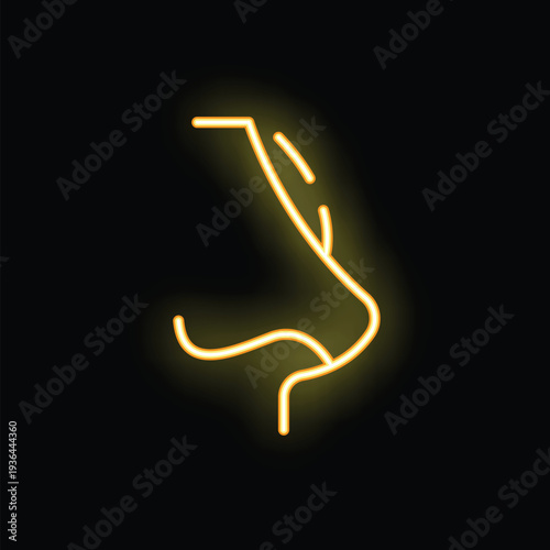 Neon nose sign glowing on black background, representing smell, olfactory system, or rhinoplasty