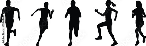 Running people silhouette set men and women jogging fitness workout poses black vector illustration isolated on white background