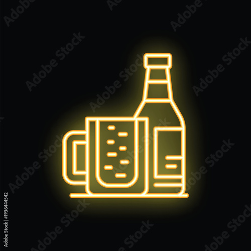 Yellow neon sign showing a beer bottle and a beer glass on a black background