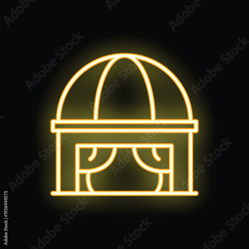 Minimalist illustration of a bright yellow neon sign of a gazebo with curtains, glowing on a black background