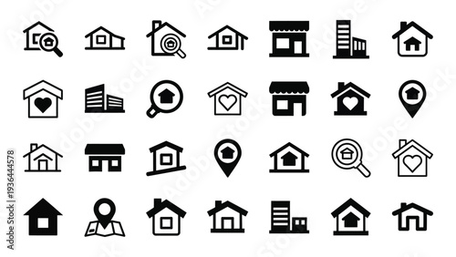 A collection of black and white icons depicting various real estate and location symbols