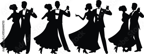 Black silhouette set of elegant couples ballroom dancing, professional dancers performing waltz and tango for wedding and event celebration
