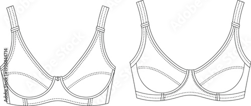Bra technical flat fashion illustration, lingerie design with straps cups underband bow detail structured sweetheart neckline garment construction drawing sketch