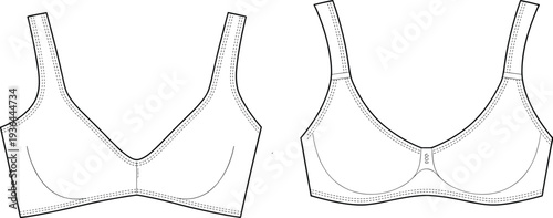 Bra technical flat fashion illustration, lingerie design with straps cups underband seam detail supportive soft cup underwire garment construction drawing sketch
