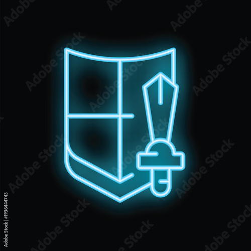 Blue neon icon of a shield and pen glowing on a black background, representing copyright protection and intellectual property