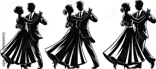Black silhouette set of elegant couple dancing ballroom waltz, man and woman in formal attire for wedding celebration and dance competition