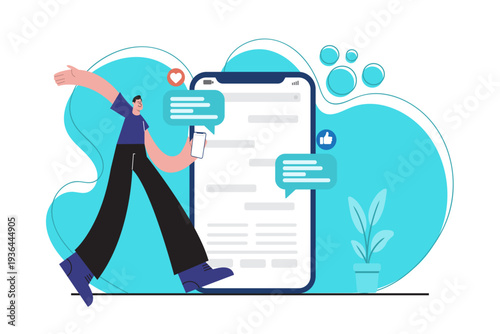 Flat style illustration showing a man interacting with a smartphone while receiving chat messages, likes and notifications. Concept of social media communication mobile messaging and digital lifestyle