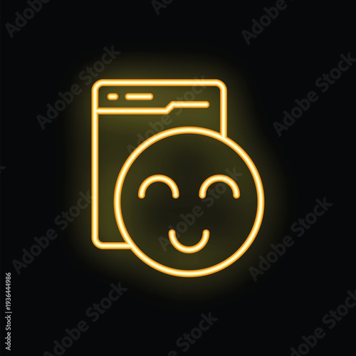 Neon yellow glowing icon of a happy emoji smiling near a smartphone screen on a black background