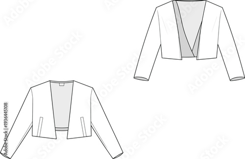 Cropped Bolero Jacket Fashion Illustration, Open Front V-Neck Long Sleeve Shrug, Short Cardigan Technical Sketch Line Art Vector Template