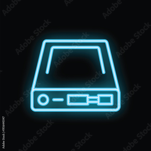 Blue neon icon of a hard drive glowing against a black background