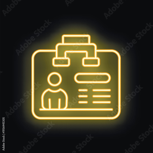 Yellow glowing neon icon of an id card hanging on a lanyard on a black background