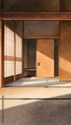 Tranquil Japanese room illustration evoking peace traditional design gentle light serene interior art concept