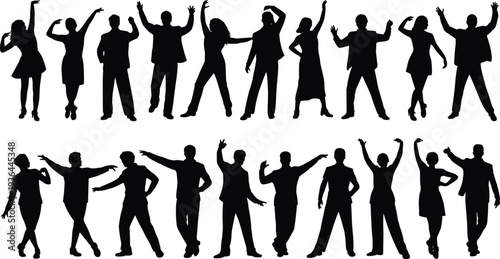 Black silhouette set of happy people dancing and celebrating, diverse crowd of men and women having fun at party isolated on white