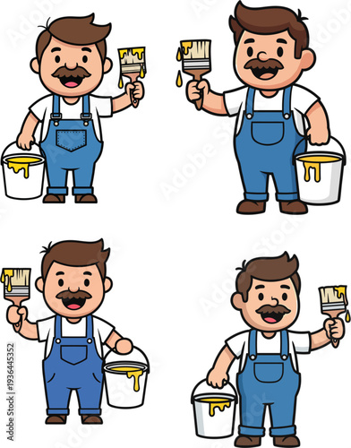 Cute cartoon professional painter character vector set wearing blue overalls holding yellow paint bucket and dripping brush