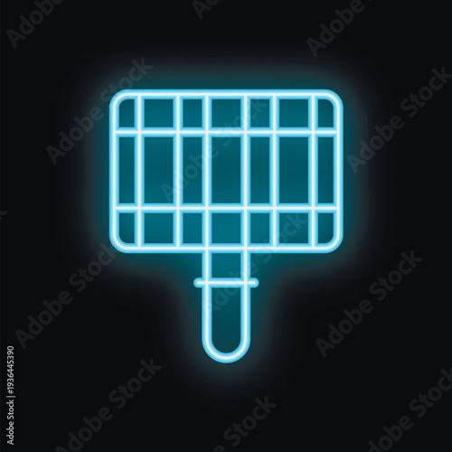 Blue neon icon of barbecue grill grates glowing on black background