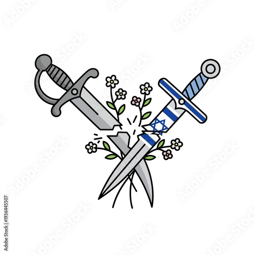 Two crossed swords with Israeli flag design and flowers