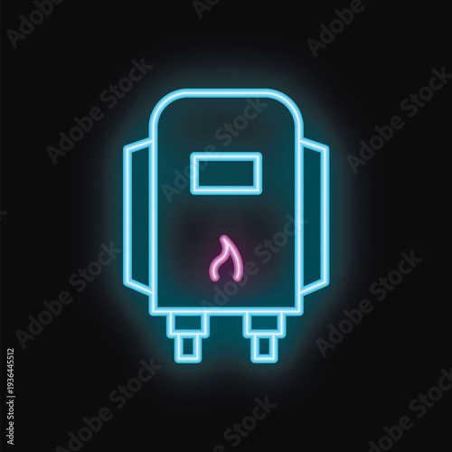 Neon gas water heater icon glowing on a black background, a bright illustration for plumbing services websites