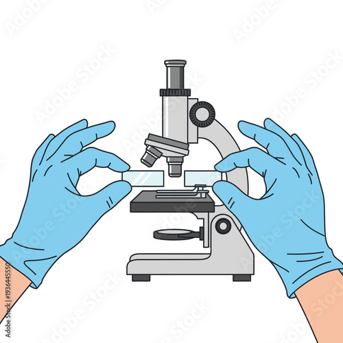 Hands in blue gloves placing microscope slide on stage for scientific research