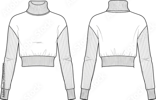 Cropped turtleneck sweater front and back technical flat fashion illustration, ribbed collar cuffs waistband knitwear garment design drawing sketch