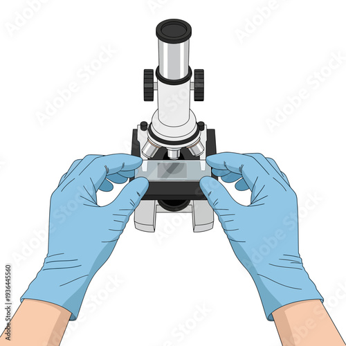 Hands in blue gloves placing a slide on a microscope stage for examination