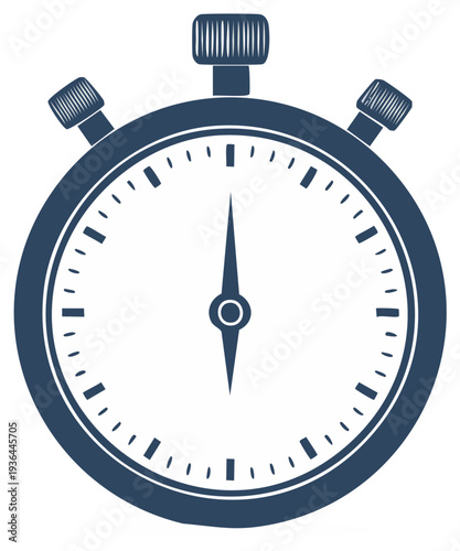 Stylized stopwatch vector illustration with time markings, buttons, and hand