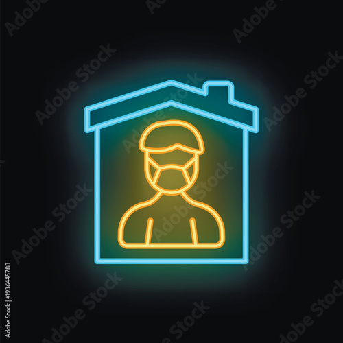 Neon sign illustrating the concept of staying home during a pandemic, featuring a person wearing a protective mask inside a house outline