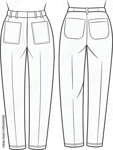 Flat, technical, fashion, sketch, of, women, high, waisted, tapered, trousers, front, and, back, view, template, outline, clothing, design, vector, illustration