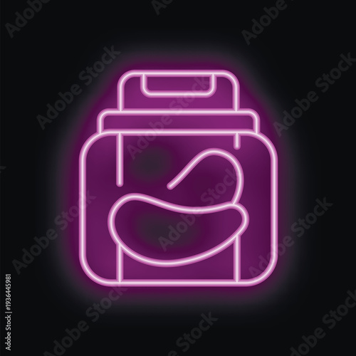 Bright purple neon sign of a jar with pickled gherkin cucumber glowing on black background