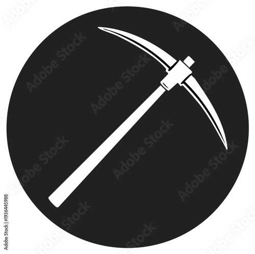 Iconic representation of a pickaxe tool striking motion against a dark circular background