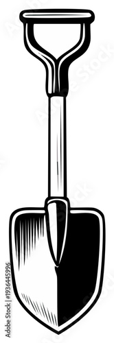 Vintage Spade Tool with Wooden Handle and Metal Blade, Graphic Illustration
